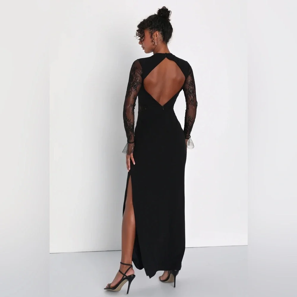 New Lulus Bragging Rights Black Lace Long Sleeve Column Maxi Dress Size Small - Picture 2 of 4